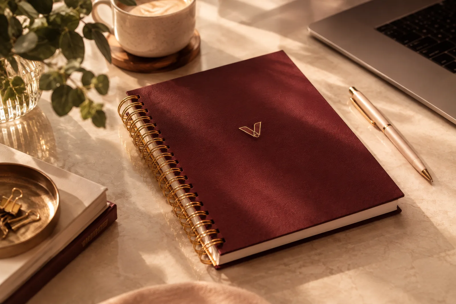 Caderno bordô sobre uma mesa de trabalho